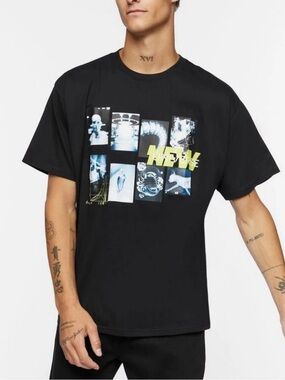 Forever 21 Men Black Boxy Graphic Tee Neon "NEW" Collage Print